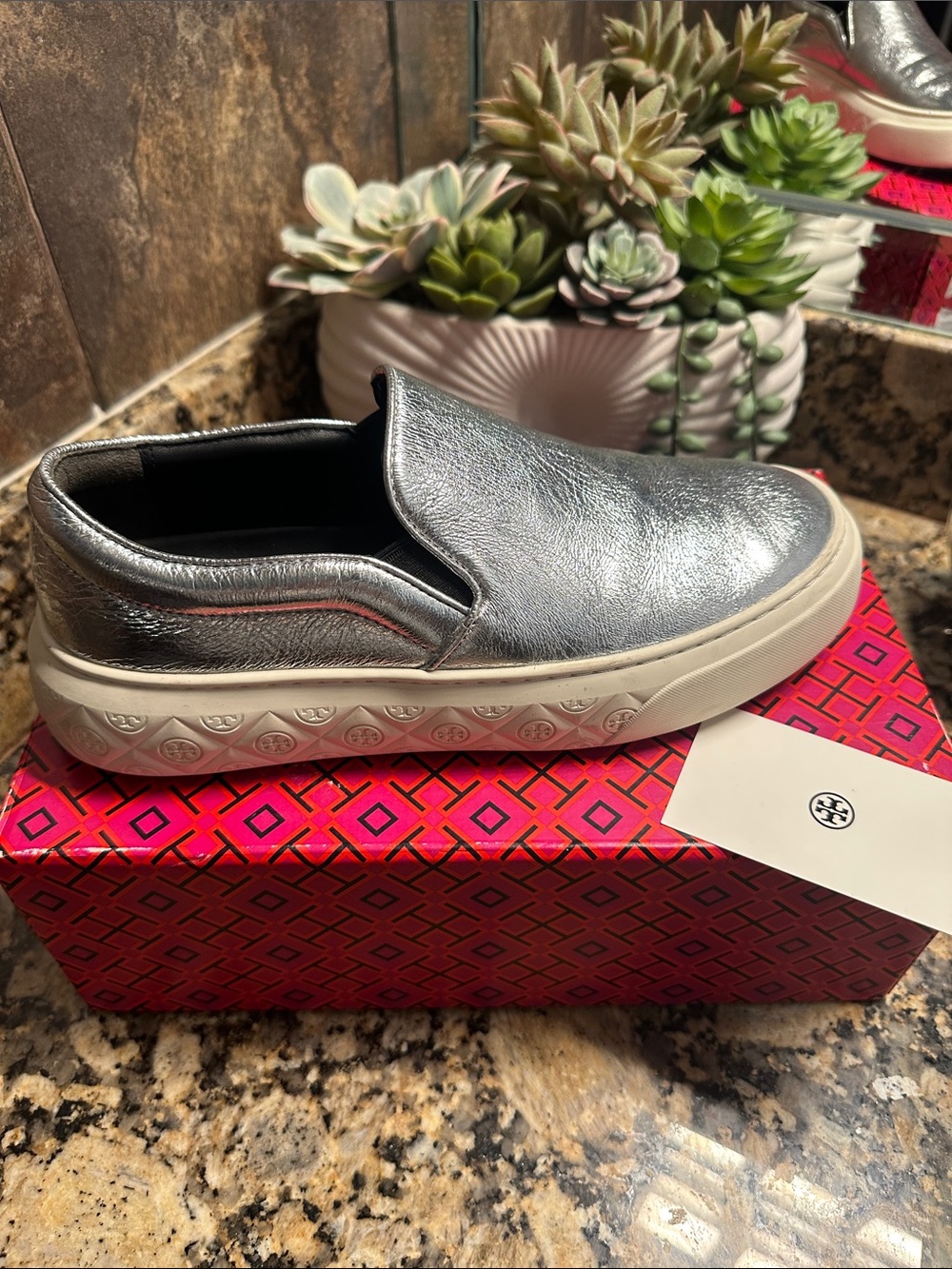Tory Burch Metallic Silver Slip-On Sneakers